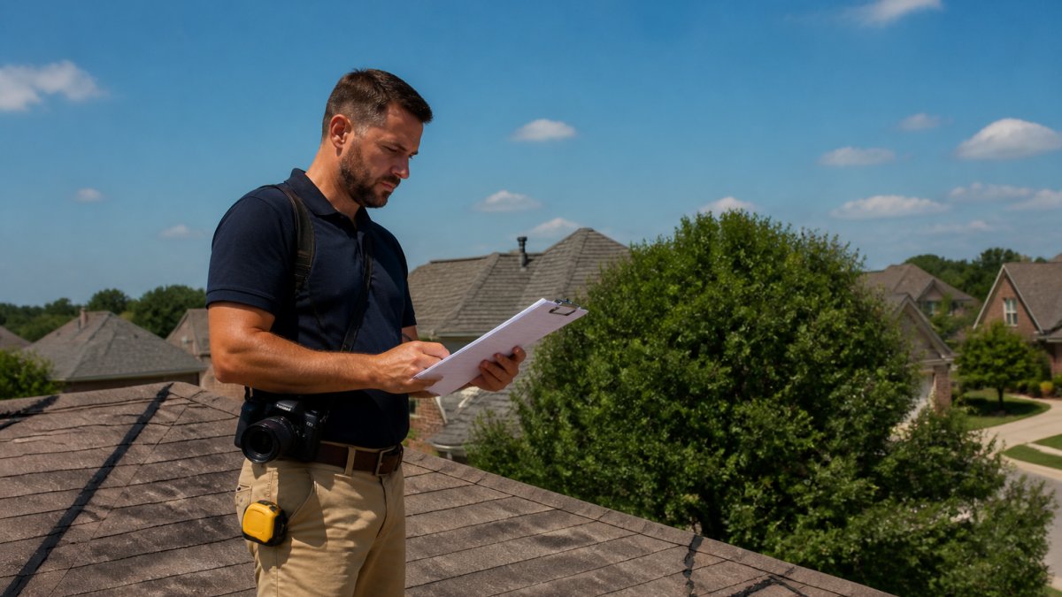 Professional roofing contractor standing on a residential roof holding a clipboard and camera, conducting a detailed damage inspection with clear sky visible in the background