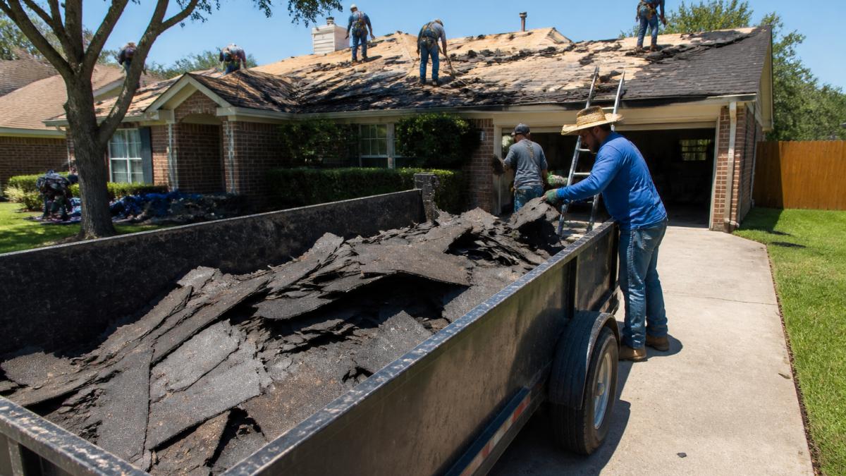 Roofing crew in safety harnesses stripping old asphalt shingles from a suburban Texas home and loading debris into a dumpster in the driveway
