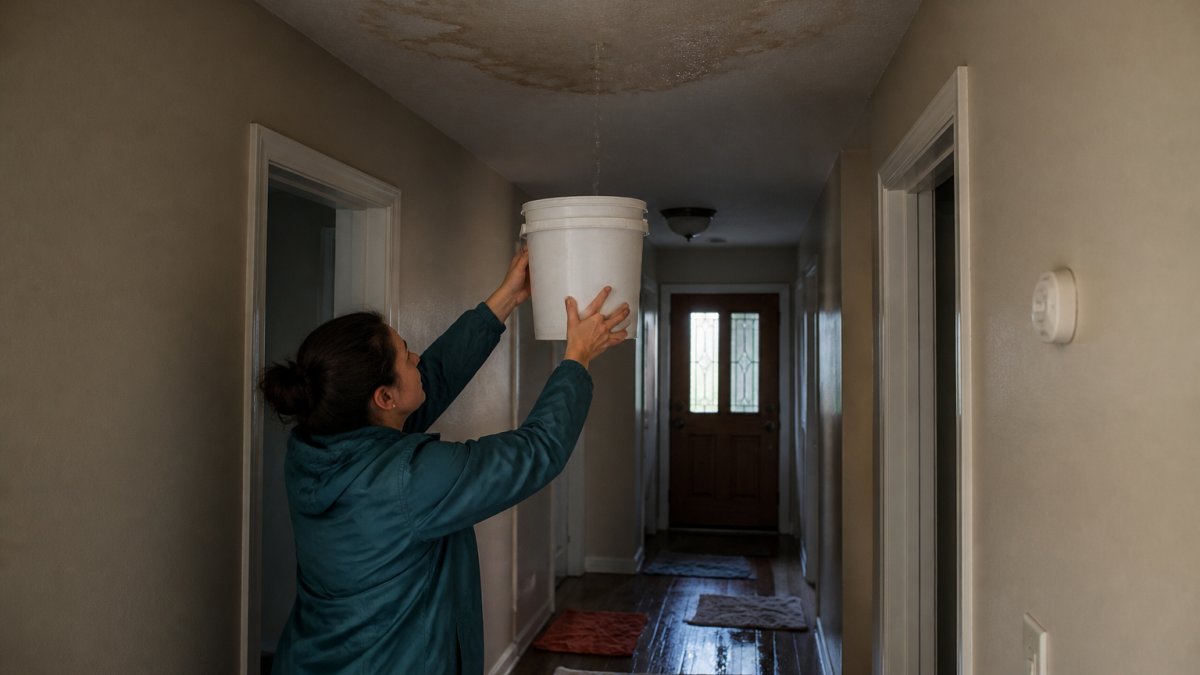 A homeowner in a rain jacket placing a bucket under a ceiling drip in a dim hallway, water stains visible on the ceiling, towels on the floor