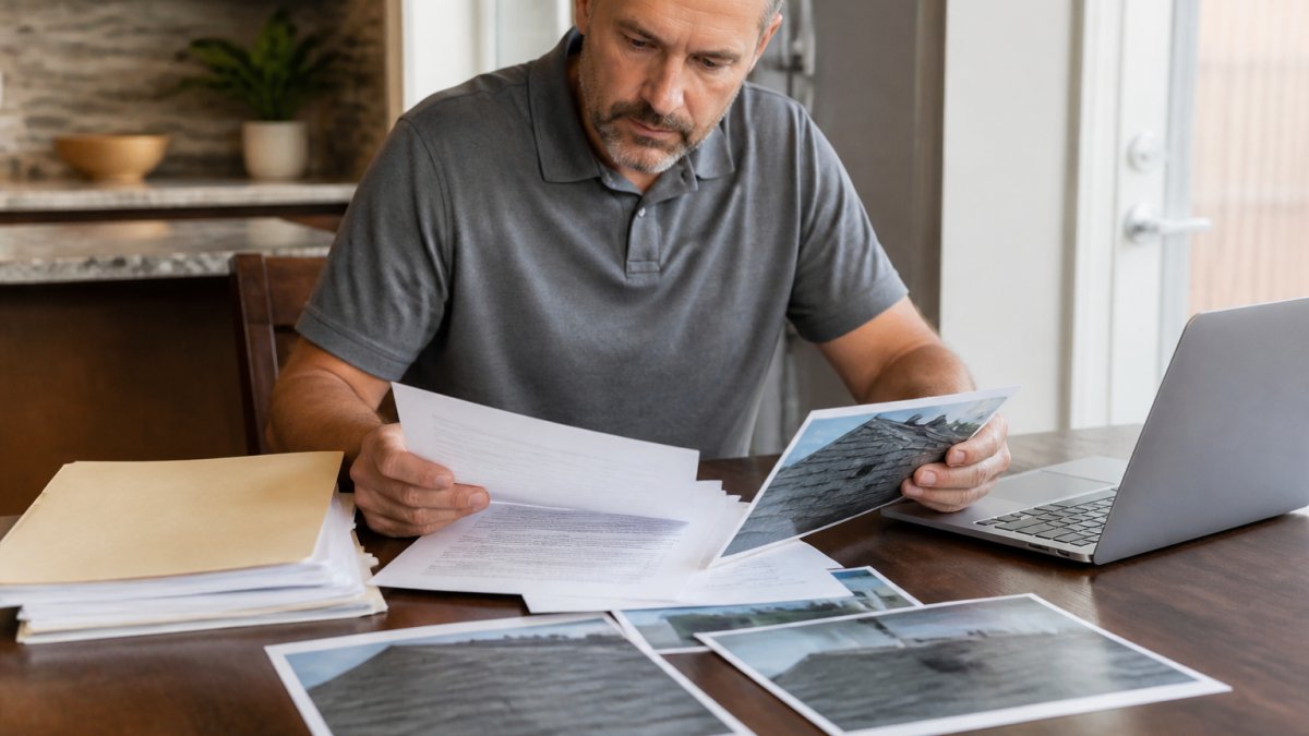 A homeowner at a kitchen table reviewing a stack of insurance paperwork and roof inspection photos, with a laptop open nearby