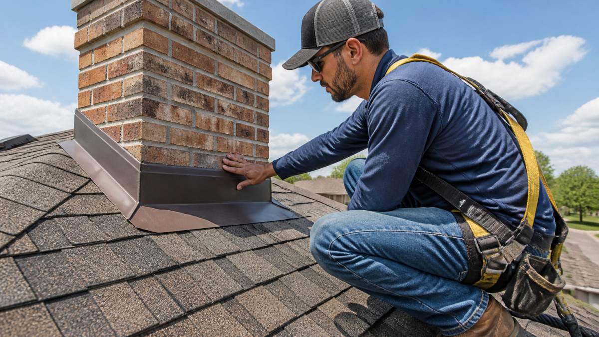 Roofer in a safety harness inspecting metal chimney flashing during a roof flashing repair project