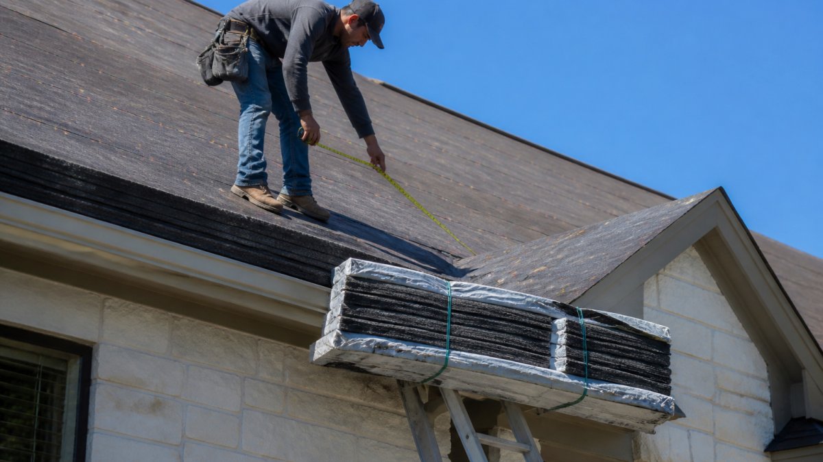 Roofing contractor measuring a steep roof deck, affecting your roof replacement cost estimate