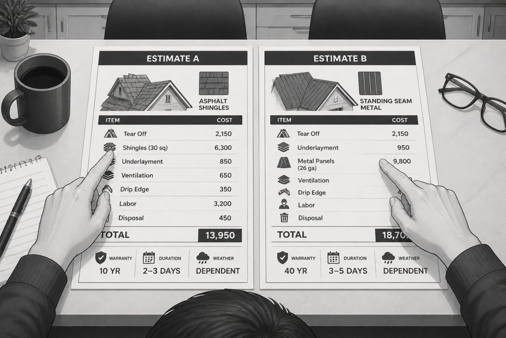 Two roofing estimates spread side by side on a kitchen table with a homeowner's hands pointing at line items, reading glasses and a coffee mug nearby
