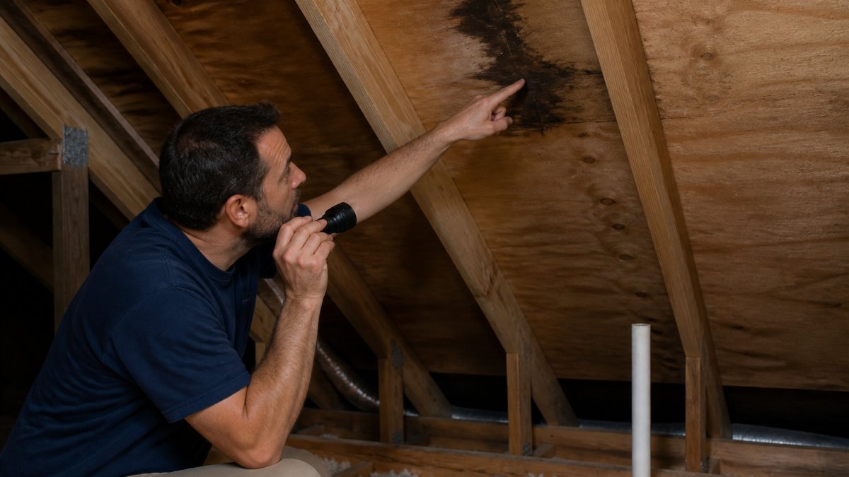 Homeowner using a flashlight to inspect a dark water stain on attic roof decking to locate a roof leak