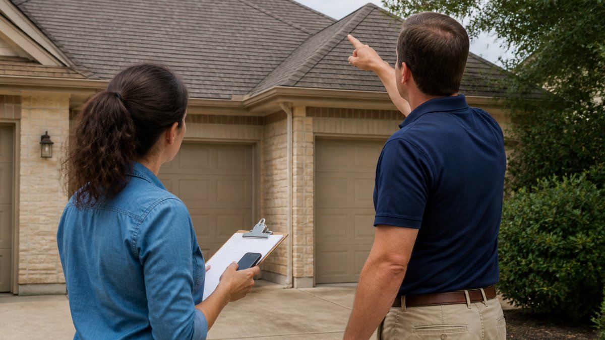 A homeowner standing in a driveway holding a clipboard and smartphone, looking up at a shingled roof while a contractor in a branded polo points at the ridge line